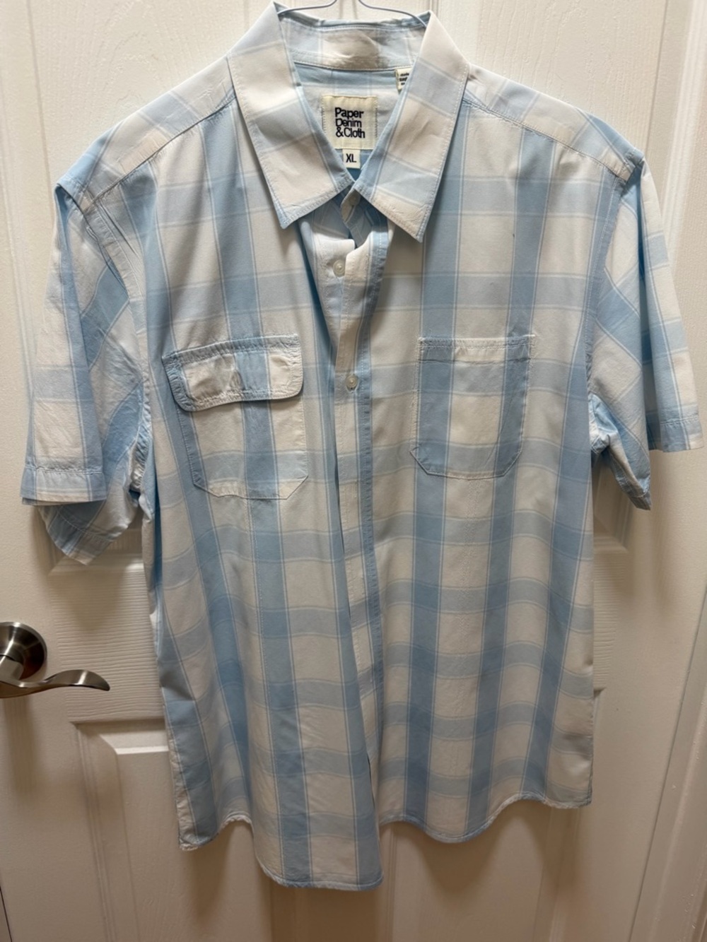 Paper Denim & Cloth Men’s Light Blue and White Plaid Short Sleeve Shirt XL